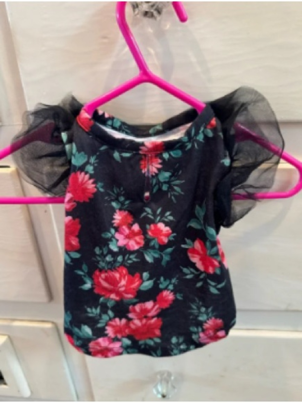 Floral Puff Sleeve Kids Top - Black with Red & Green Floral